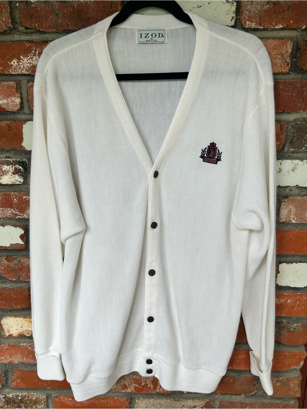 Vintage Men's Izod Preppy Cardigan Sweater White Extra Large Made in USA Logo
